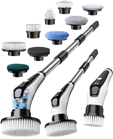 Elektrische Reinigungsbürste mit 9 Wechselbürsten Elektrisch Fugenbürste Vollkörper-IPX8-Wasserdicht Electric Spin Scrubber mit Verstellbarem Griff 2 Geschwindigkeiten für Bade Küche Auto Fußboden