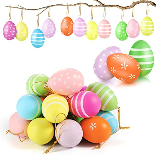 Ostereier zum Aufhängen,24 Stück Ostereier aus Kunststoff mit Schnur zum Aufhängen Gesprenkelte Hängedeko Osterdeko in Schönen Pastellfarben - Deko Ostern für den Osterstrauß mit Motiv-Größe: 6 cm
