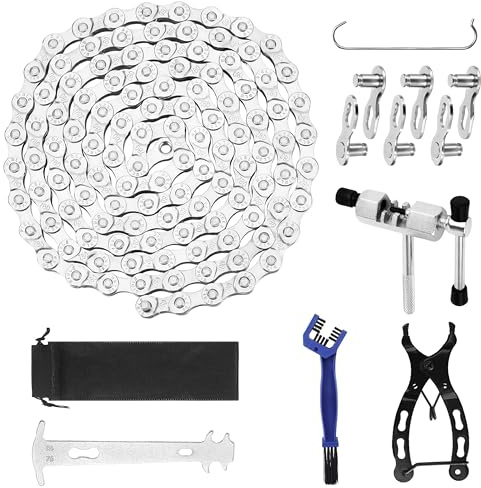 6/7/8 Fahrradkette Werkzeug Set, 1/2 x 3/32 Inch116 Glieder. Enthält Kettenbrecher, Kettenprüfer, Kettenschloss, Zange und Bürste. Ideal für Mountainbike und Roadbike Wartung