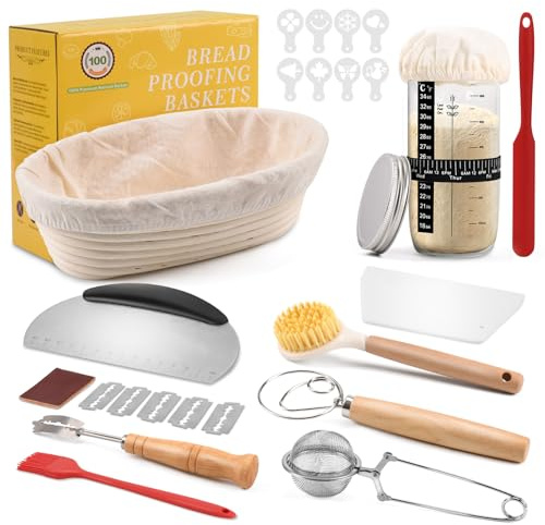Clheatky Sauerteig Starter Set, Komplettset Gärkorb Brot Set Oval 25cm | Natürliches Rattan, Splitterfrei, All-in-One-Kit, Brotbacken Startver Set Großes Geschenk für Anfänger, Erfahrener Bäcker
