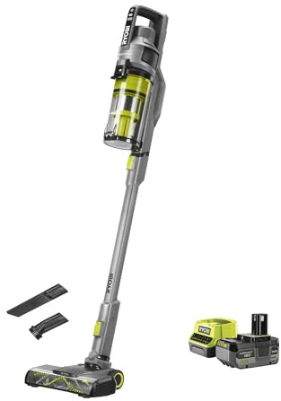 RYOBI 18 V ONE+ Brushless Akku-Staubsauger RSVS18BL-1C40G, 90 AW Saugleistung, Dual-Zyklon-Filtration, HEPA-Filter, LED-Kopfbeleuchtung, inkl. 4 Ah Akku und Ladegerät, Anthrazit