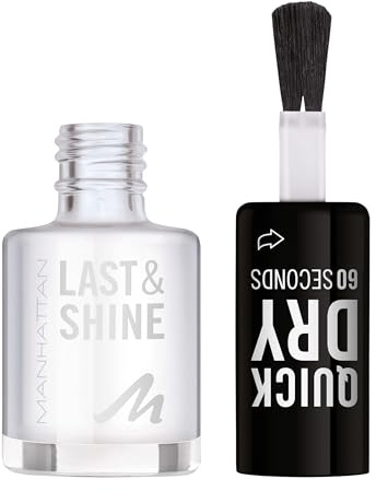 MANHATTAN Last & Shine schnelltrocknender Nail Polish, veganer & tierversuchsfreier Nagellack, langanhaltend, ultraglänzendes Finish, 8ml, Fb. 010 Clear