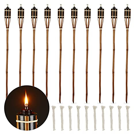 Relaxdays Gartenfackeln, 10er Set, Bambus, Ölfackeln für draußen, Outdoor Fackeln mit Ersatzdocht, Höhe: 90 cm, braun