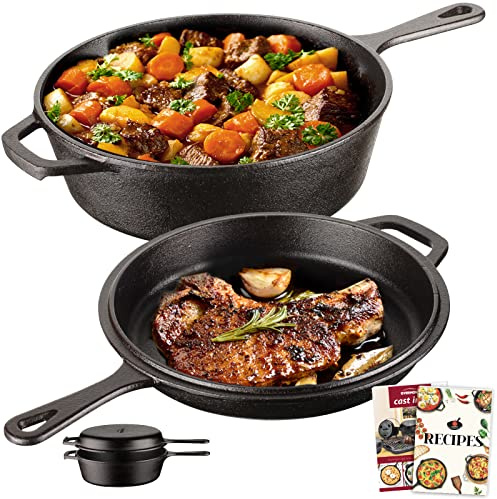 Overmont Gusseisen Topf Brot Backen - Gusseisen Bräter mit Deckel Langem Griff- 2in1 Cast Iron Pot mit Rezeptbuch - einsatzfertig eingebrannt- für Küche Camping Garten BBQ Backen Gasgrill