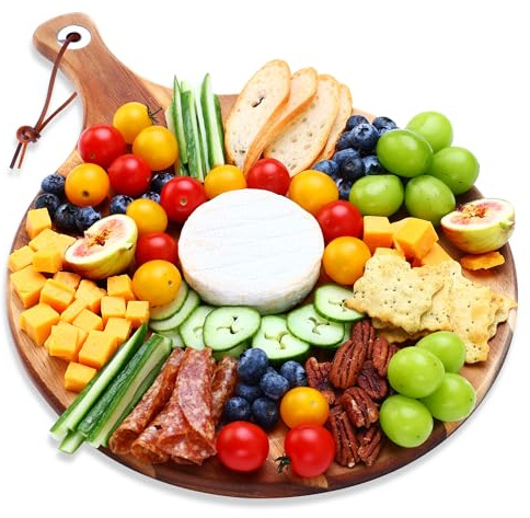 hecef Käsebrett Holz, Käseplatten Käsebretter Servierplatte Servierbrett Geschenk für Party-Geburtstag, Weihnachts, Charcuterie Platte Cheese Board mit Griff 30.5cm (Rundes)
