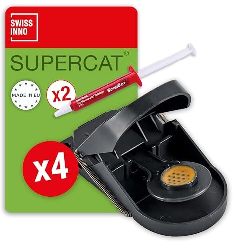 SWISSINNO Mausefalle SuperCat – 4 Schlagfallen + 2 Köderspritzen – Effektive Mausefalle mit Köder für Haus & Garten – Wiederverwendbare Mäusefalle für drinnen & draußen – Präziser Fangmechanismus