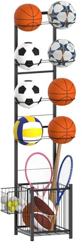 CADUKE Ballständer, vertikale Ballaufbewahrung für die Garage, Ballregal für 8 Bälle, Basketball, Fußball, Volleyball, Schläger, für Indoor und Outdoor, Schwarz