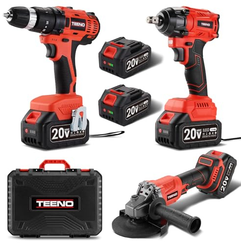 TEENO Werkzeugsatz 3-teilig (Bürstenloser Winkelschleifer + Bürstenloser Schraubenschlüssel + Schlagbohrer) 20 Volt Akku 3Ah*2, geeignet für Auto & Haushalt