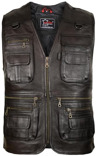 MDM Herren Lederweste, Freizeitweste, Jagdweste, Anglerweste, Chopperweste, Rockerweste, Bikerweste,, Schwarz, XL