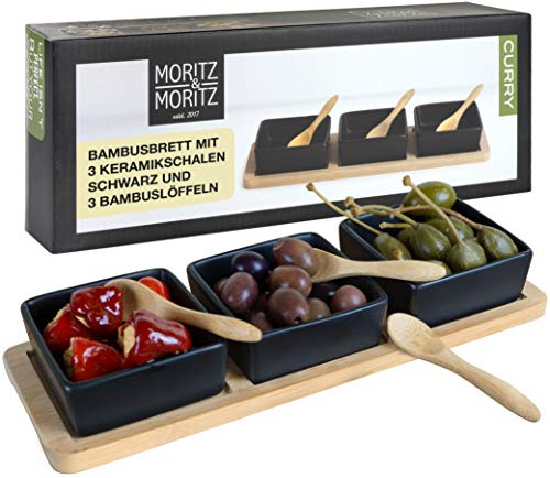 Moritz & Moritz Dipschalen 3er Set schwarz mit Bambus Tablett und 3 Löffeln | 7-teilig: 3 eckige Keramikschalen 8 x 8 cm, Bambusbrett 28,5 x 9,7 cm, 3 Bambuslöffel