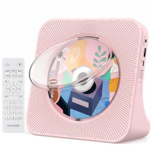 Gueray Tragbarer CD Player mit Bluetooth Desktop CD-Player für zu Hause Eingebaute Doppelte HiFi-Lautsprecher AUX-Kopfhöreranschluss UKW-Radio Boombox mit Fernbedienung USB-Anschluss LCD Display(Rosa)