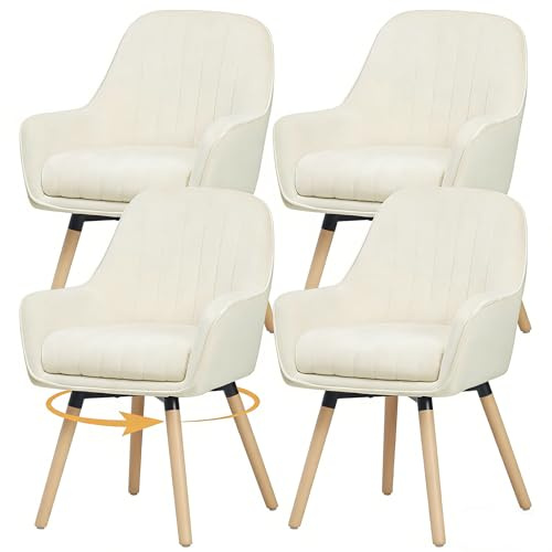ELUCHANG Esszimmerstühle 4er Set, 360° Drehbar, 12cm Dicke Polsterung Stuhl mit Hohen Armlehnen, Cremeweiß Samt, bis 150 kg Belastbar, für Schlafzimmer Küche Wohnzimmer