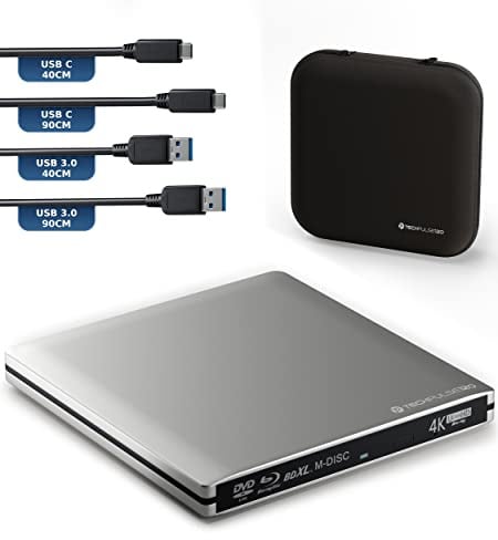 techPulse120 Externes USB 3.1 USB-C UHD 4k 3D M-DISC Blu-ray DVD CD BDXL HDR10 128GB Laufwerk Brenner Burner Superdrive BD Imperator Paket Tasche 90cm Anschlusskabel Aluminium Silber