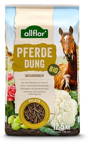 Allflor Pferdedung gekörnt 1 x 12,5 kg im Beutel - Pferdemist als Dünger - rein biologisch-organischer Universaldünger - Pferdedünger - Für alle Garten-, Obst- & Gemüsepflanzenn