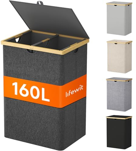 Lifewit 160L Bambus Wäschekorb mit Deckel, Faltbar Wäschesammler 2 Fächer Wäschesortierer mit Abnehmbarem Wäschesack Bambus Griffen Wäschebox Laundry Baskets für Waschküche, Schlafzimmer, Schwarz
