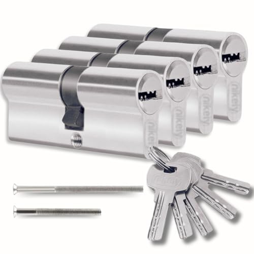 Schließzylinder 30/30mm mit 10 Einzelschlüsseln, Set mit 4 Doppelzylindern, 8 Schrauben, leicht montierbar, Universalschlüssel für alle Zylinder, Länge 60mm