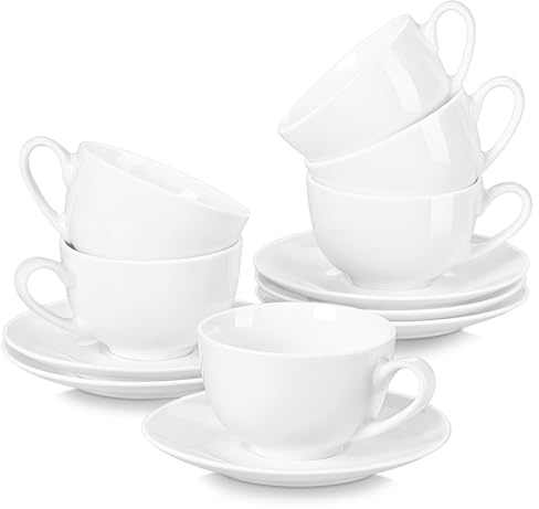 LOVECASA Kaffeeservice Porzellan, Sweet 12-teilige Kaffeetassen mit Untertassen, Cappuccino Tassen für 6 Personen, 230 ml, weiß Farbe