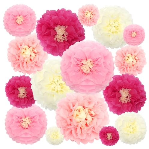 Kakuofan 16 Stk Pompons Deko,Papierblumen Rosa Deko | Papierblumen zum Aufhängen,Papier Pompons,Gartenparty Deko für Seidenpapier Party Deko Pastell Mädchen,Hochzeit,Babyparty