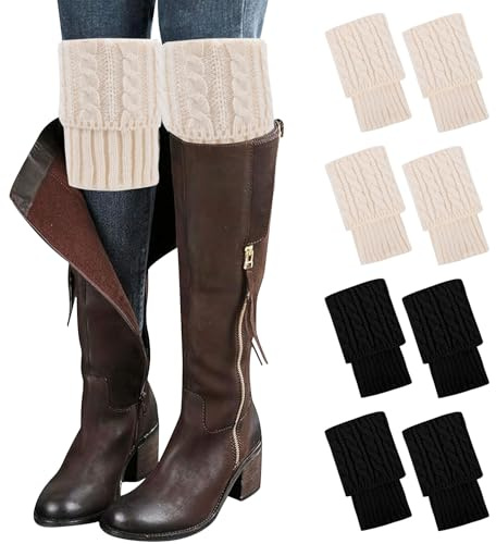 Mayoii Stulpen für Frauen, Winterliche warme Bootssocken, Kurze Beinwärmer Boot-Topper-Socken (Schwarz + Beige)