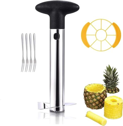 Ananasschneider, Ananasschneider-Set aus Edelstahl,Entkerner Ananas,Ananas obstschneider, mit Entkerner und 4 Obstgabeln,zum Schneiden von Ananaskernen, Ananasschalen und Ananasscheiben