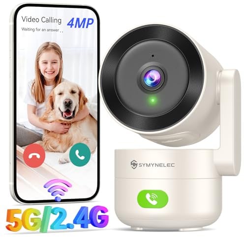 SYMYNELEC 2K 4MP Überwachungskamera Innen, 5GHz/2,4GHz WLAN, 360° | Hundekamera, Haustierkamera, Babyphone, KI Bewegungserkennung, IR Nachtsicht, Zwei-Wege-Audio, Kompatibel mit Alexa