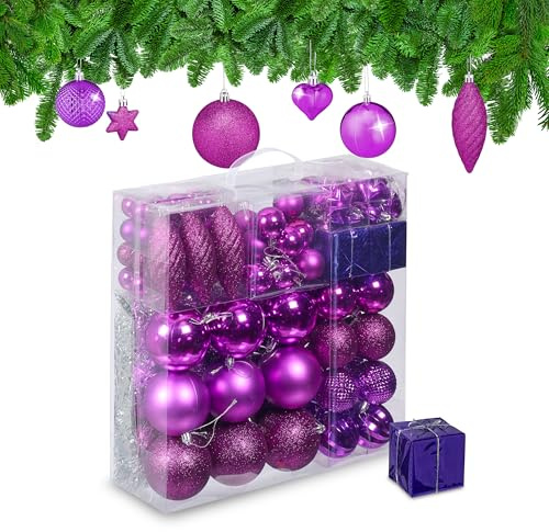 Relaxdays Weihnachtskugeln 110er Set, Kunststoff, Weihnachtsbaumdeko mit Kugeln & Lametta UVM., Christbaumschmuck, pink