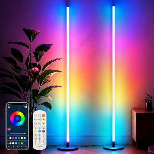 VnioLife RGBIC LED Stehlampe Wohnzimmer Dimmbar, 16 Millionen Farben, Musikmodus, Frei Gestaltbar & Individuell DIY, Standleuchte für Wohnzimmer, Schlafzimmer & Gaming, Schwarz (2 Stück)