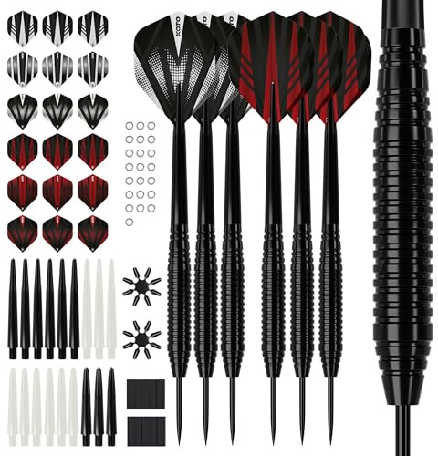KOTO - Dartpfeile Metallspitze Set Inkl. 90 Stück Dart Zubehör, 6 Stück Steeldarts, 6 Sets Dartschäfte Und Dart Flights Und Mehr