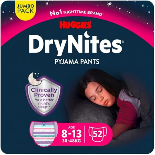 Huggies DryNites hochabsorbierende Nachtwindeln bei Bettnässen, für Mädchen 8-13 Jahre (30-48 kg), 52 St. (4 x 13), Jumbo-Monatspack, Windel-Pants