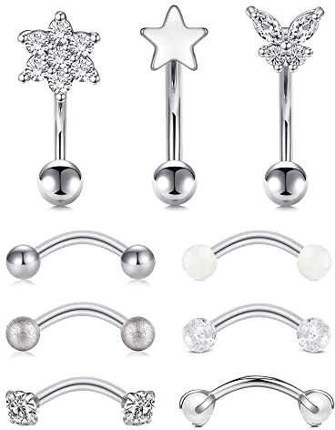 Rajnard 9-10 Stück Augenbrauenpiercing Rook Piercing Ohrringe 16G 8mm Chirurgenstahl Augenbrauenringe mit Diamant Perle Star Daith Piercing Bauchnabelpiercing