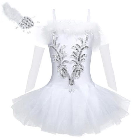 TiaoBug Mädchen Ballettkleidung 3tlg.Set Ballettkleid+Handschuhe+Haarband Kinder Ballettanzug Ballett Trikot Tanz Kostüm Tütü Kleid 104 110 116 122 128 140 152