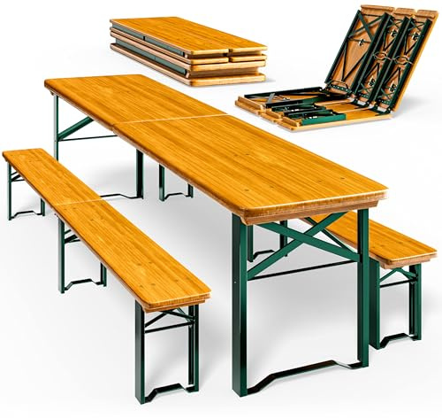 CASARIA Bierzeltgarnitur 220 cm | Klappbar, Stabil, 3 Teilig, 2x Bierbank, Breiter Tisch, Holz, Biertischgarnitur, Festzeltgarnitur, Biergarten, Biergarnitur