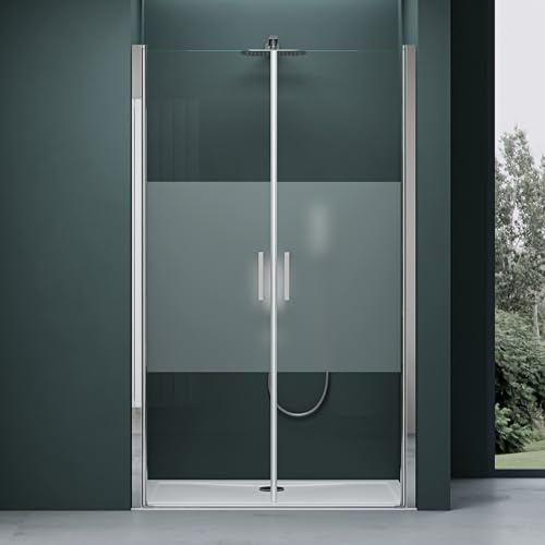 Mai & Mai Duschtür Nischentür dusche Duschabtrennung Duschkabine Schwingtür 180° Doppeltür 6mm ESG Nano-Beschichtung Satiniert Streifen mit Hebe- und Senkmechanismus 120x195cm Teramo24MS