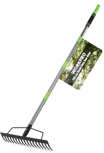 WORKPRO Bogenrechen Garten mit Stiel, 17 Zinken Rechen, Verstellbare & Abnehmbare Harke 86–165 cm, Schwerlast Laubrechen aus Stahl zum Rechen, Nivellieren, Bodenlockern und Unkrautentfernen