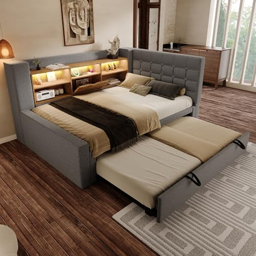 Oxtao Polsterbett Bett mit LED-Beleuchtung 90x200cm, Mit Ausziehbett 90x190cm, Struraumbett, L-förmigem Kopfteil mit Stauraum, beidseitig montierbar, Lattenrost, Leinen (Grau-A)