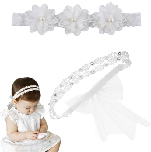 COYUN 2pcs Baby Mädchen Stirnbänder Weiß Dehnbare Stirnband DoppelspitzeSpitzebowknot-Haarband Weich Baby Hairband Nylon Neugeboren Haarschmuck,Für Mädchen mit einem Kopfumfang von 37–48 cm