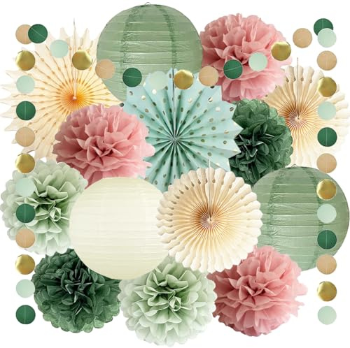Salbeigrün Rosa Party Deko Olivgrün Seidenpapier Pompons Deko Creme Papierlaterne Papierfächer Papier Girlande für Brautparty Babyparty Geburtstagsdeko Grün Rosa Hochzeit Party Dekorationen