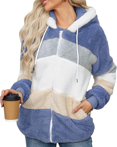 Yuson Girl Winterjacke Damen Warm Sherpa Kapuzenjacke Winter Fleece Teddyjacke Reißverschluss Plüschjacke Fleecejacke Hoodie Casual Kuscheljacke Damen Flauschig Mit Taschen