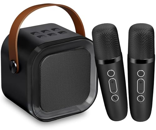Mini Karaoke Maschine Kinder mit 2 Mikrofonen, tragbar Kinder Mikrofon Geschenk 3-12 Jahre, Kindermikrofon mit 5 magischen Stimmen, Jungen Spielzeug für Partys, Camping, Autoreisen – Schwarz