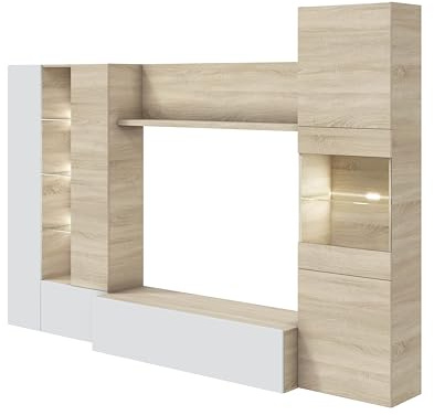 Habitdesign, Moderne Wohnwand 260 cm breit, TV-Möbel in kanadischer Eiche und Weiß Hochglanz, kompaktes Wohnzimmer-Set mit viel Stauraum, Maße: 260 x 185 x 42 cm (B x H x T), Modell Essential