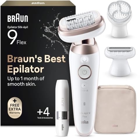 Braun Silk-épil 9 Flex, Epilierer Damen / Haarentferner für langanhaltende Haarentfernung, Ladyshaver, Mini-Rasierer, Peelingaufsätze, 9-306 3D, Weiß/Rosa Titan