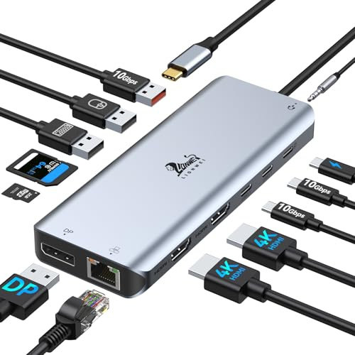 USB C Docking Station Dual Monitor Dockingstation Laptop 13 in 1 USB-C Hub Triple Display mit 2 HDMI, DisplayPort, 5 USB Ports, Gigabit Ethernet, 100W PD, SD/TF, Audio/Mic für Dell HP Surface und mehr