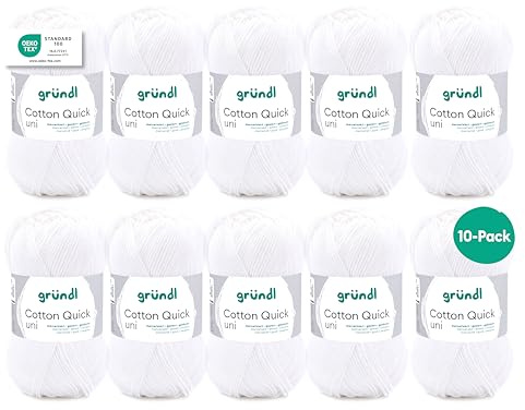 Gründl Wolle Cotton Quick uni - dünne Wolle zum Häkeln - Strickgarn - Häkelgarn - Glänzend und hautfreundlich - 100% Baumwolle - 10 Knäuel 50 g / 125 m - Nadelstärke 3-4 - Weiß