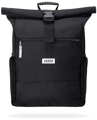 AARON Rolltop Rucksack Damen und Herren, mit Laptopfach, inkl. AirTag Halter, Daypacks, Rollrucksack aus recycletem PET für UNI, Reisen, Alltag, Rolltop Backpack in schwarz und Blumen