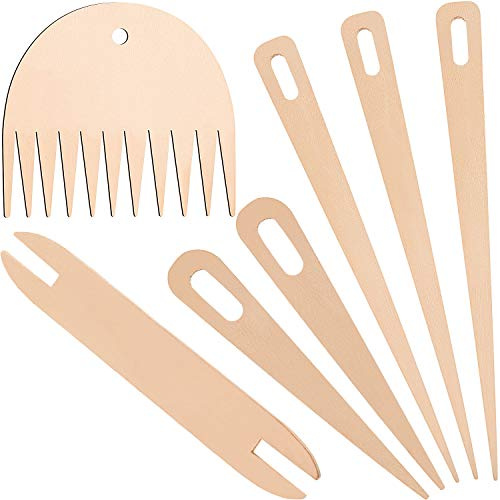 WILLBOND 7 Stücke Holz Handwebstuhl Stick Set, einschließlich 5 Stücke Holzweb Häkelnadel mit Holz Shuttles Webstick und Holzwebkamm für Strickhandwerk zum Selbermachen