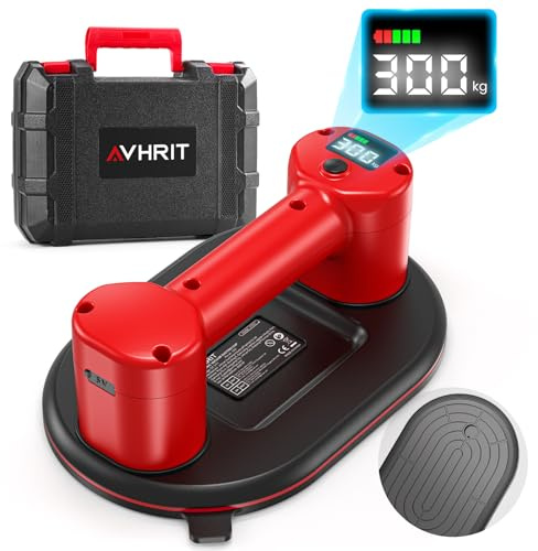 Avhrit Akku Saugheber für Fliesen, Glas, Dual-Motor 300kg Tragkraft Elektrischer Saugheber, LCD-Display Fliesenheber,Ø24 cm Vakuumheber mit 3600mAh Akku für Fenster, Spiegel& Plattenheber