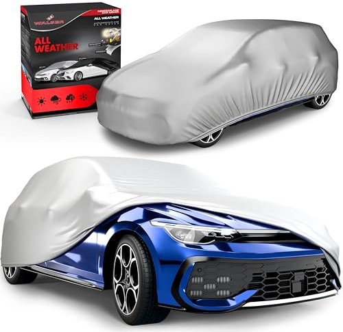 Walser Abdeckplane Auto All Weather, Abdeckung wasserdicht, 100% wetterfeste PKW Garage Zelt Sommer/Winter, Autoabdeckung Outdoor, Schutzdecke wasserdicht, Autoplane Vollgarage Größe 2 PKW Silber