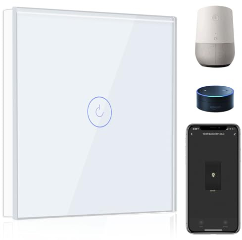 BSEED Smart Lichtschalter 1 Fach 1 Weg Wifi Smart Lichtschalter arbeitet mit Amazon Alexa and Google Home,Touch Wandschalte Glas Touchscreen-schalter Weiß, 2.4GHz(Erforderlich NeutralDraht)