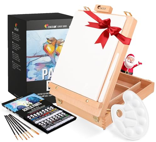 Acrylfarbe Set für Künstler 34-teilige - mit Malkoffer für Erwachsene aus Holz, Staffelei 24 Tuben Acrylfarben, 6 Malpinsel, Leinwand, Spachtelmesser und Mixpalette
