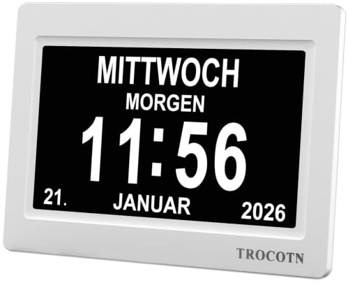 TROCOTN Demenz Uhr Senioren Digitale Uhr Tagesuhr Großes Display Wecker Wanduhr (Weiß, 7 Zoll)